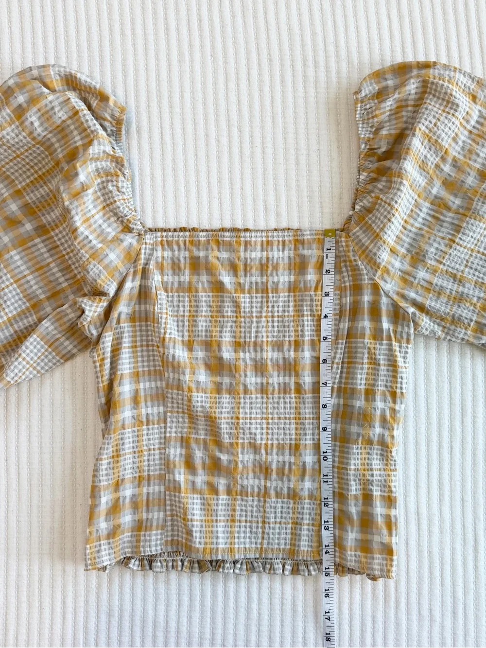 Anthropologie Maeve Plaid Square-Neck Puff Sleeve Smocked Top in Yellow & White